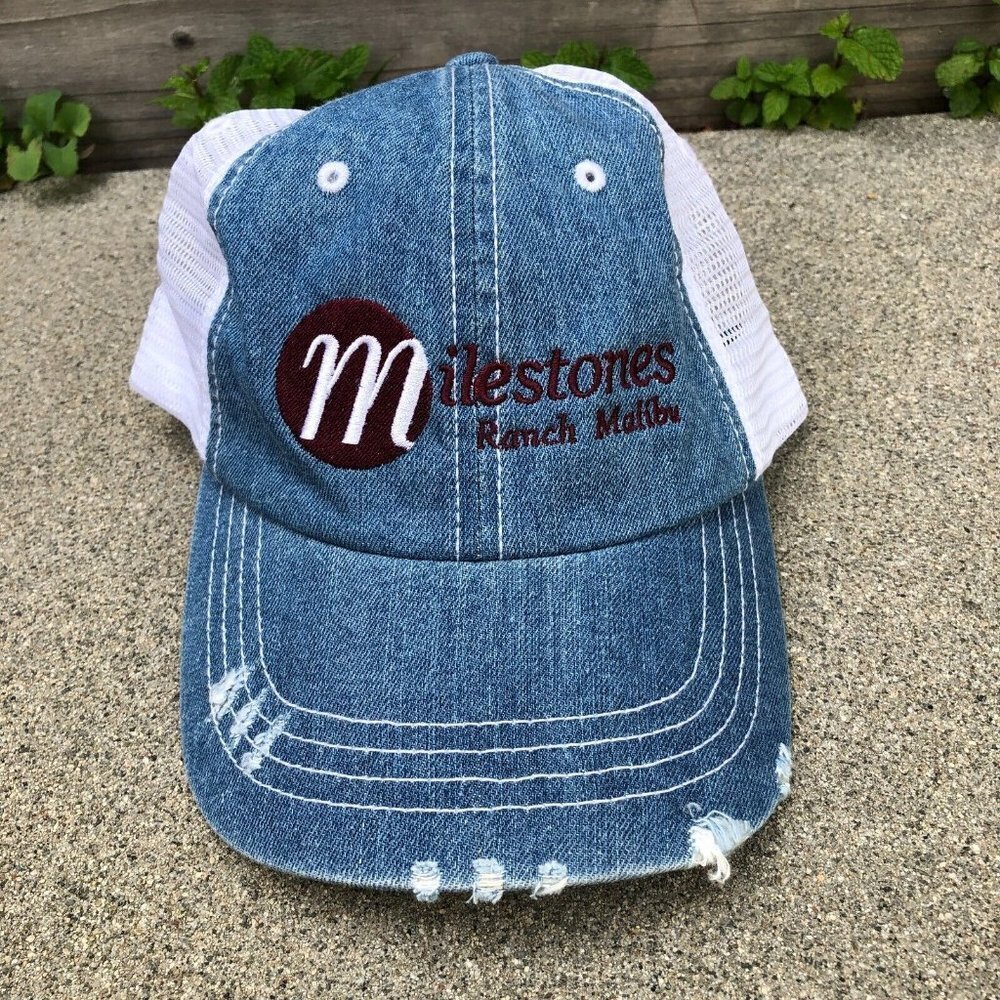 MILESTONES RANCH Malibu California Trucker Hat Unisex Denim Mega Cap Adjustable﻿